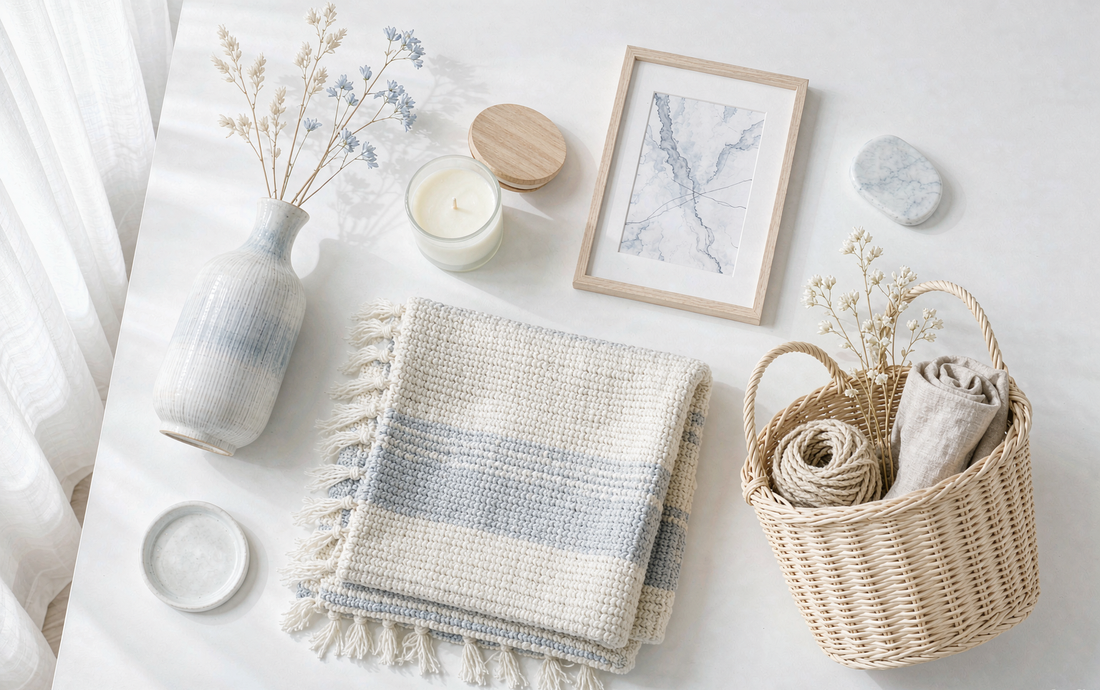 Affordable home decor finds arranged on a white table