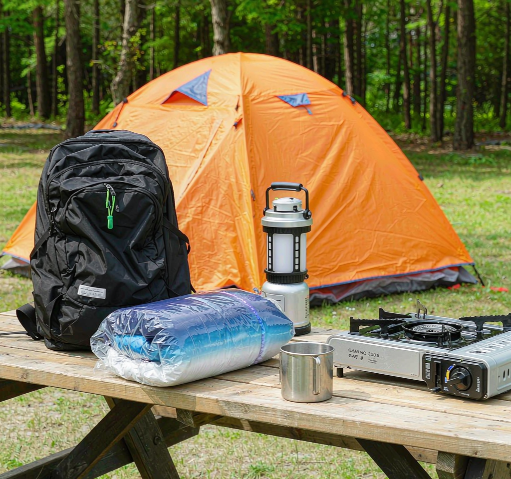 Camping gear arranged on a picnic table with a tent in the background