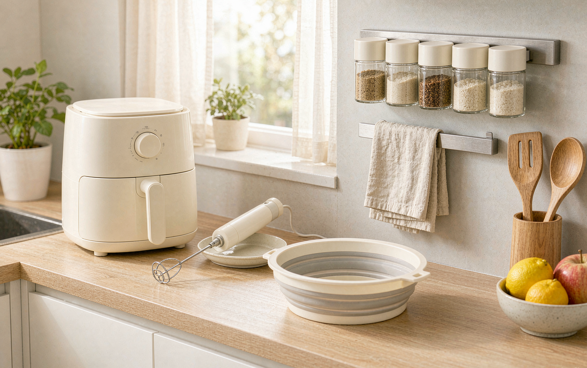 Compact kitchen gadgets on an apartment kitchen counter