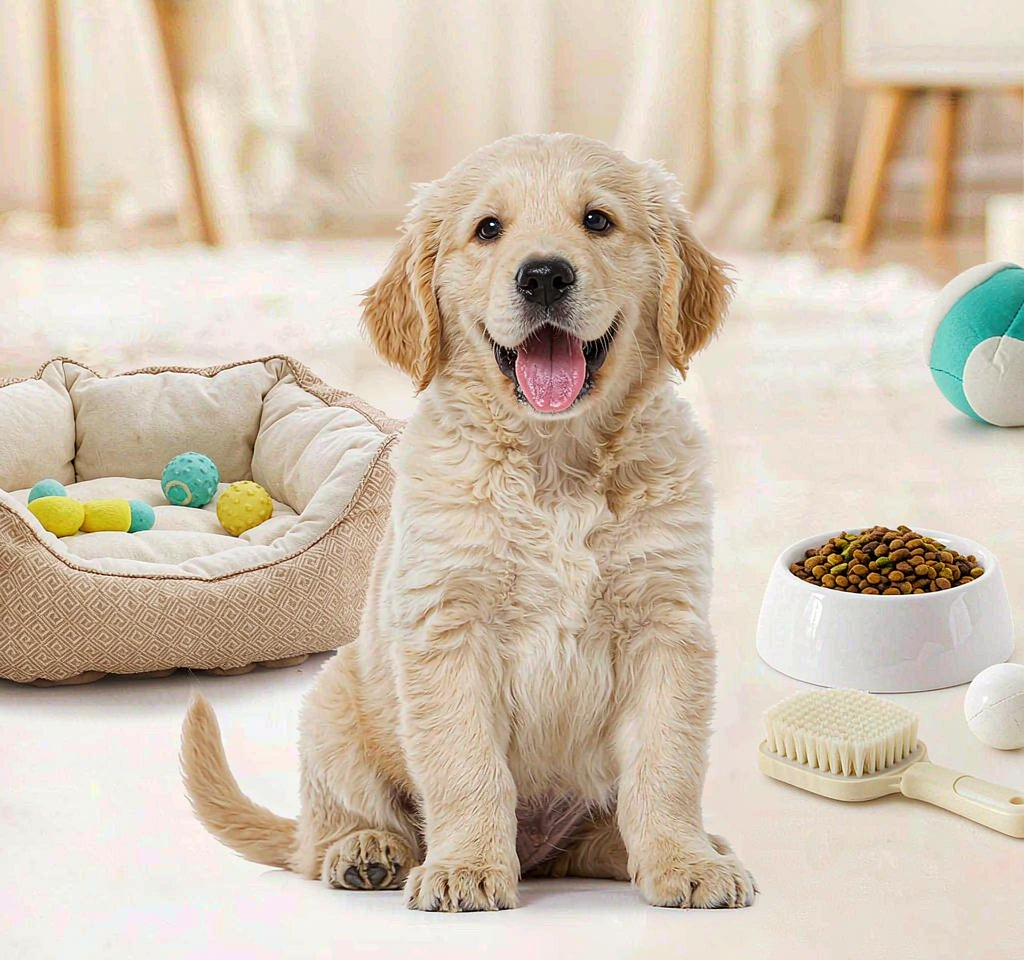 A golden retriever puppy next to a dog bed and toys