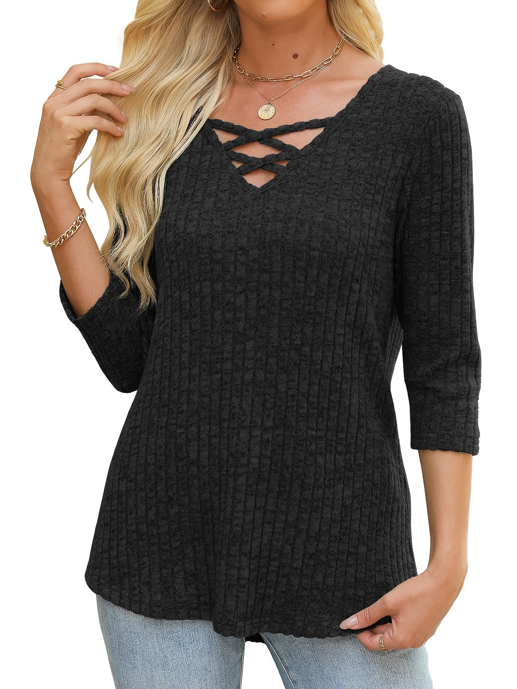 Casual Pullover with 3/4 Sleeves for Women, Featuring a Light and Loose Fit, and a Cross V-Neck Design - product image 4