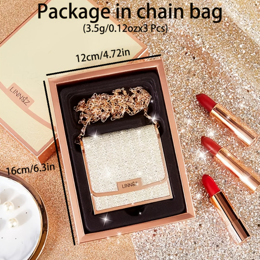 Matte Lipstick Gift Set 3 Pack Velvet Waterproof Long-Lasting Anti-Fading Intense Pigment Full Coverage Lip Color with Elegant Silvery Chain Bag for Women - product image 4