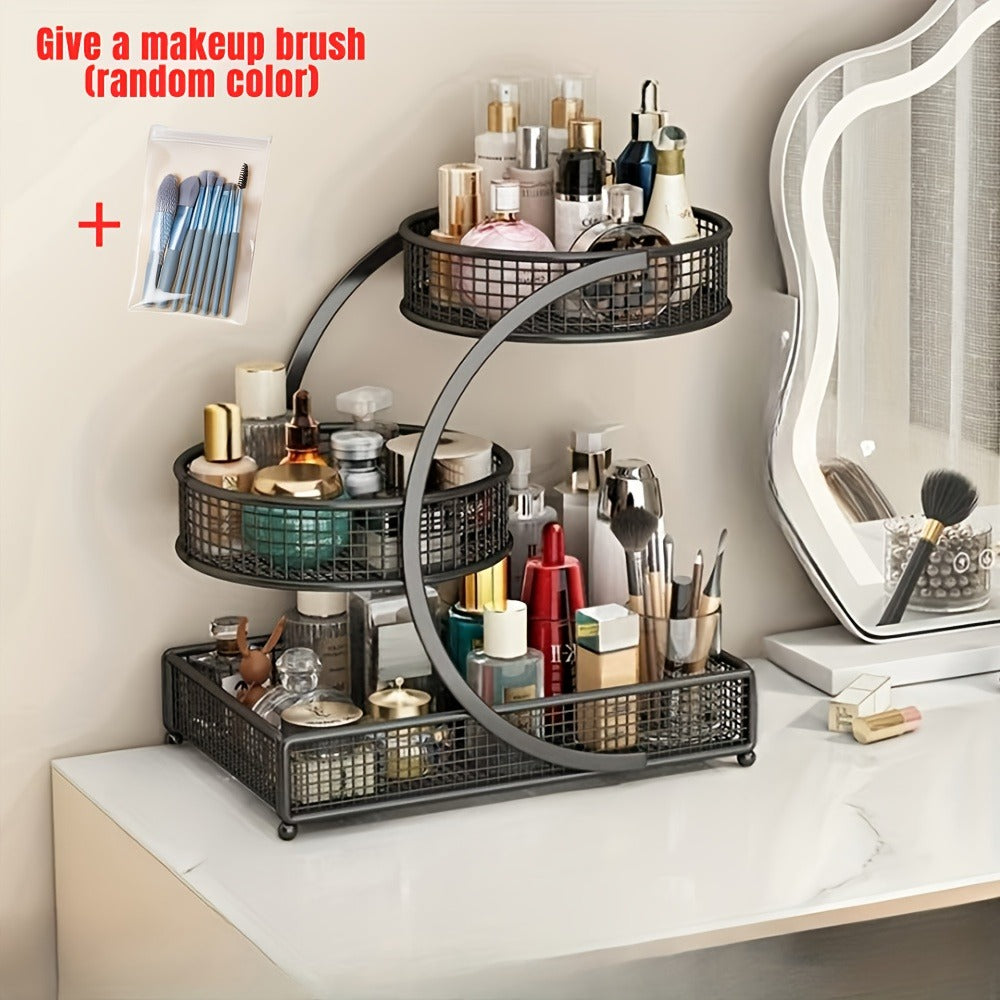 Lightweight Metal Cosmetic Storage Rack with Makeup Brushes Included No-Installation Countertop Organizer for Bathroom Dresser Vanity Skincare Makeup Black White - product image