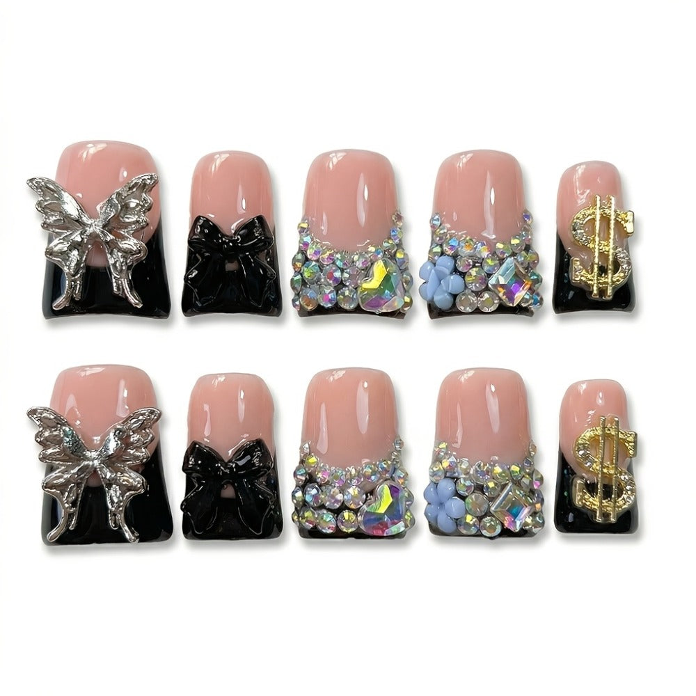 Black Nude Duckbill Press On Nails Medium Length – Glitter AB Rhinestone & Liquid Metal Butterfly Colorblock Handcrafted Acrylic Nail Set for Parties, Date Night & Daily Wear, 10pc - product image