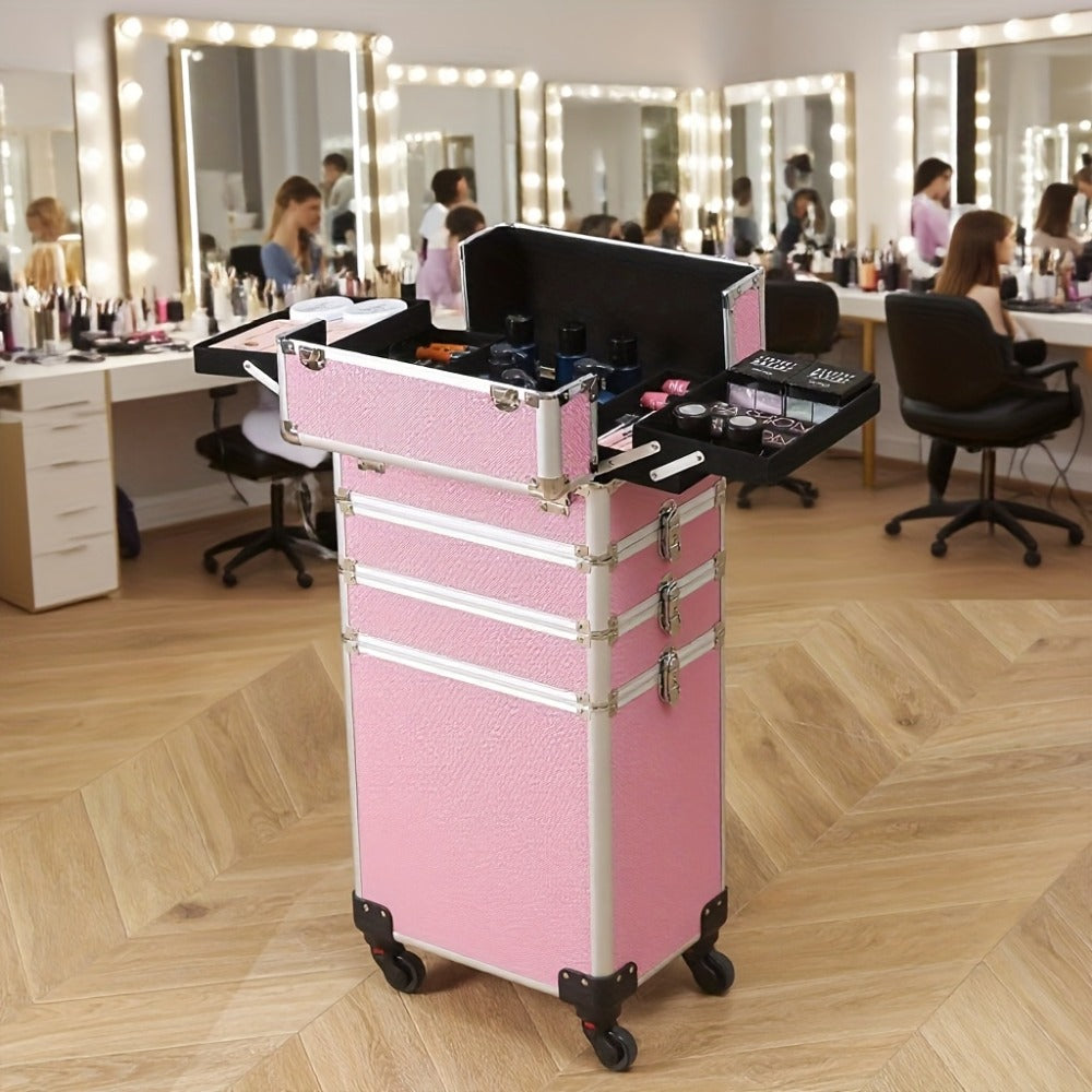 Rolling Makeup Case Aluminum 4-in-1 Extra Large Professional Cosmetic Trolley with 360° Swivel Wheels for Makeup Artist Tattoo Artist Salon Travel Black Pink Silver - product image 11