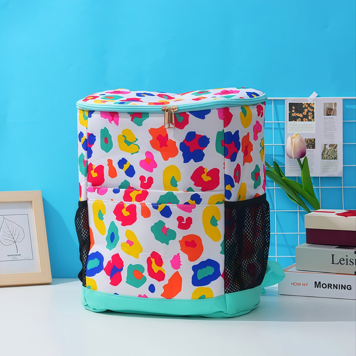 Insulated Cooler Backpack 30-Can Capacity – Leopard Print Carry-along Lunch Bag with Mesh Side Pockets & Adjustable Straps – Camping – Leakproof Thermal Cooler for Beach – Picnics – Hiking & Outdoor Travel