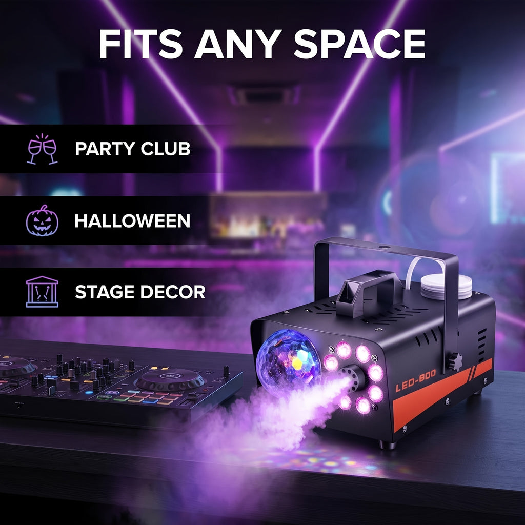 Smoke Machine, Fog Machine with Disco Ball Lights, 600W and 3000CFM with 13 Colorful LED Lights Effect, Wireless Remote Control, Suitable for Parties - product image