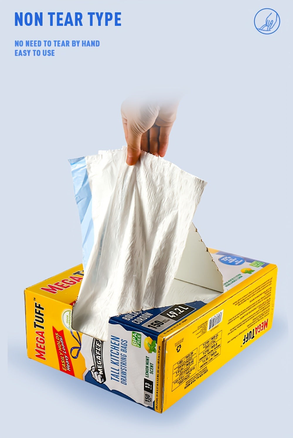 Drawstring Trash Bags 13 Gallon, 150 Count Tall Kitchen Garbage Bags, Puncture & Tear Resistant, Odor Eliminator Technology, Lemon Mint Fresh Scent, Disposable Drawstring Waste Bag - product image 12