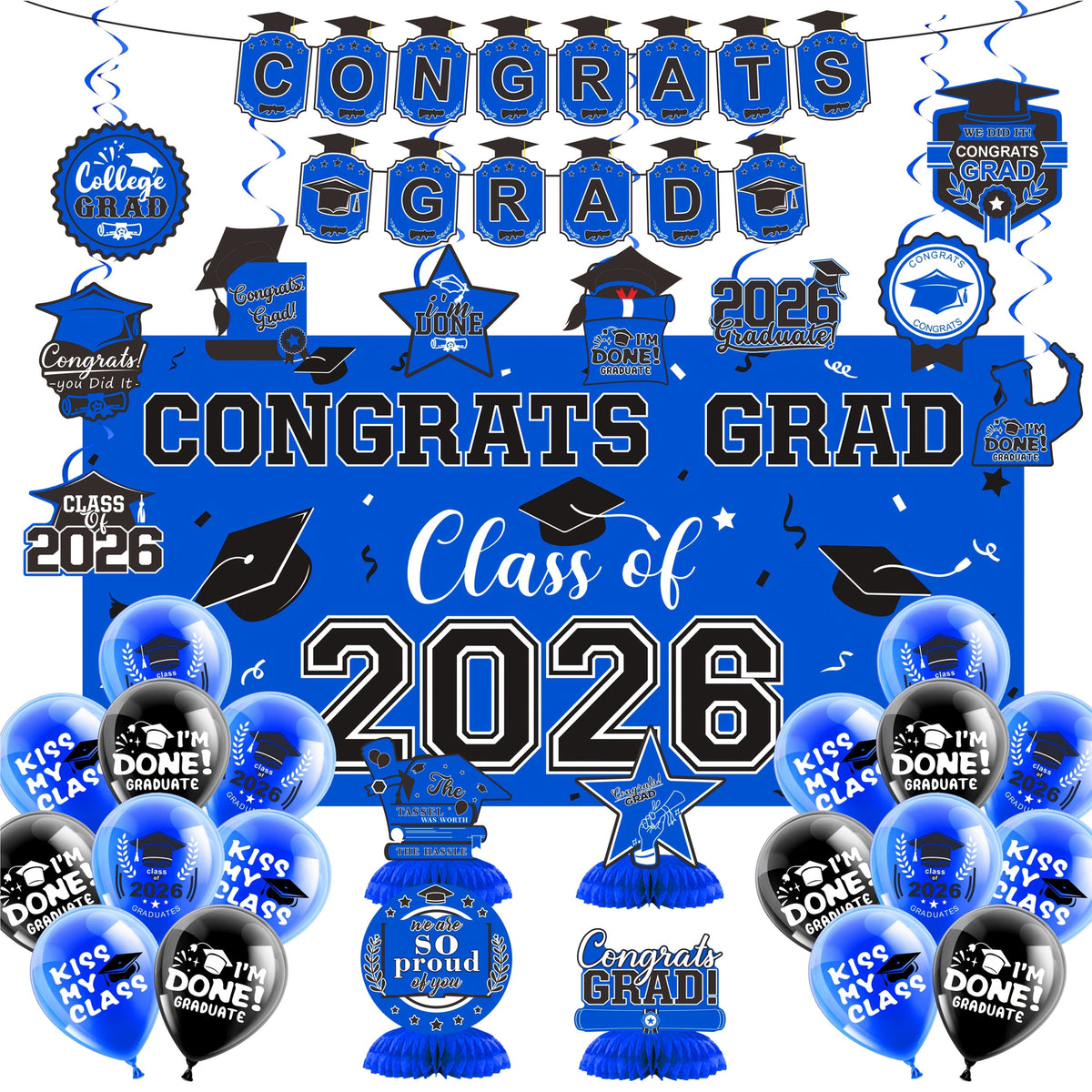 Complete Set with Backdrop Banner Hanging Swirls Balloons & Honeycomb Supplies, 6 Color Options Purple Maroon Blue Red Green Gold | Class of 2026 Graduation Party Decorations