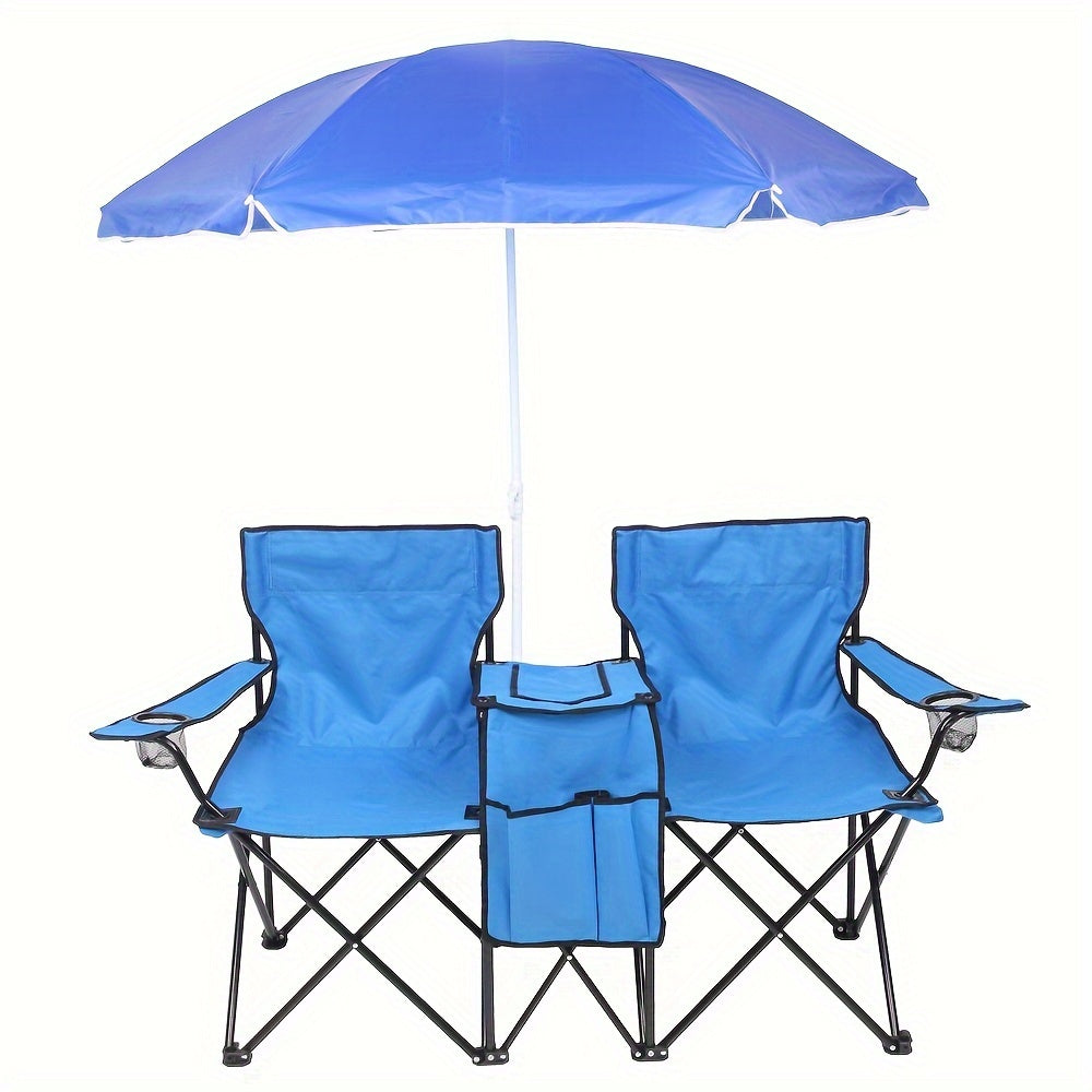 Portable Folding Chair with Removable Sun Umbrella | 2-Seat Outdoor Collapsible Chair, Steel Frame Oxford Fabric, Featherlight Sun Shade Seat for Fishing Beach Camping Sunbathing Outdoor Activities