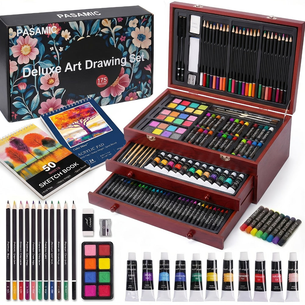Drawing Pads Crayons Acrylic Paints Colored Pencils Complete Professional Art Kit Gift for Kids Teens Adults Birthday Christmas – 175-Piece Deluxe Art Set in Wooden Case