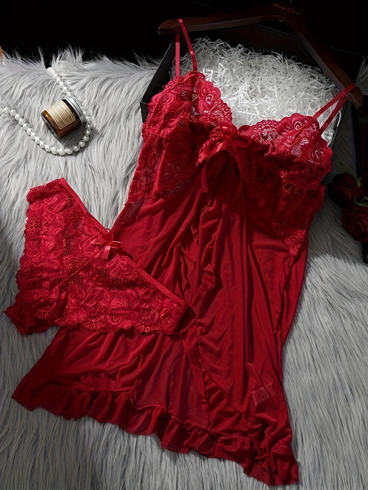 3Sets/6pcs Sexy Lingerie Set for Women Sheer Mesh & Lace Nightgown In Red/ Blue/ Black | Strappy, Adjustable, Intimate Sleepwear for Home, Hotel & Valentine's - product image 5