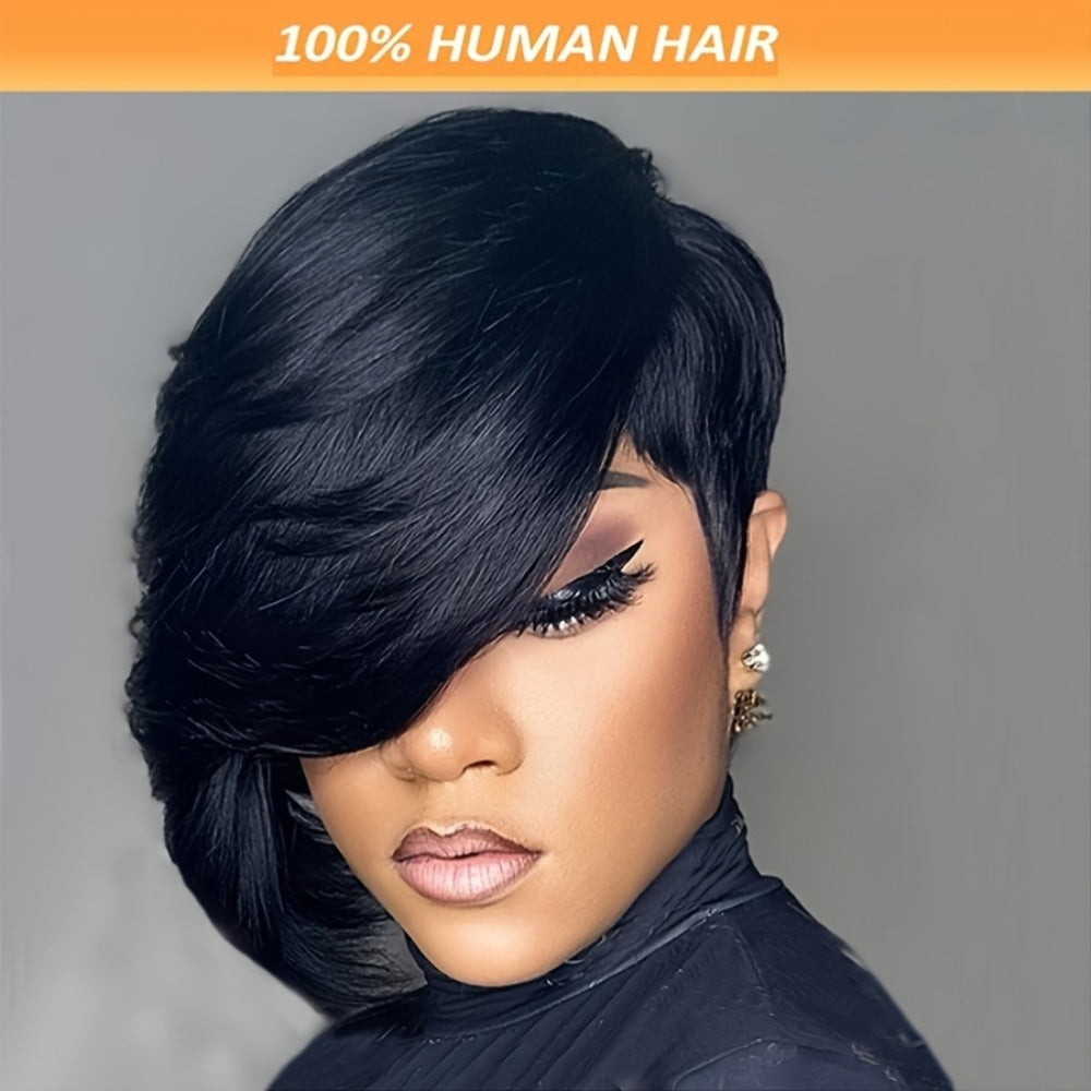 Pixie Cut Human Hair Wig with Bangs 8 Inch 200% Density Glueless | Side Part Layered Straight Rose Net Cap Throw On and Go | #1 #4 #99J Women Daily Party - product image