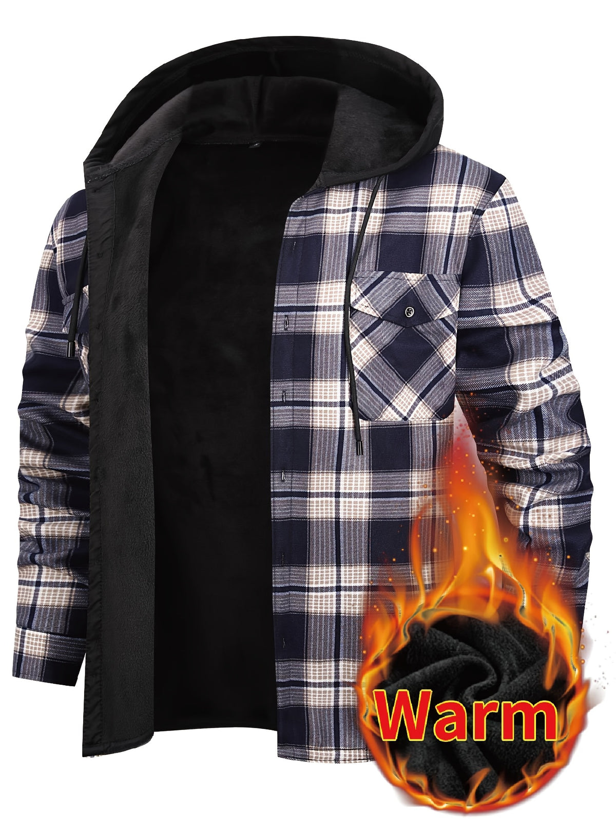 Men's Hooded Plaid Shirt Jacket with Flannel Lining - Thickened Winter, Button Front, Black/White/Gray/Beige Plaid, Euro/American Sizing, Casual Outdoor - product image 4
