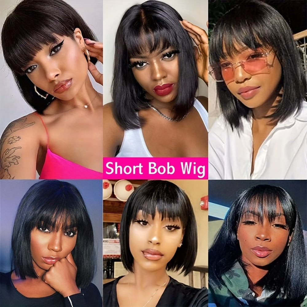 Brazilian Human Hair Bob Wig No Glue 200% Density Full Machine Made Straight with Bangs for Women | Natural Black 8 10 12 16 Inch | Glueless Beginner Friendly - product image 8