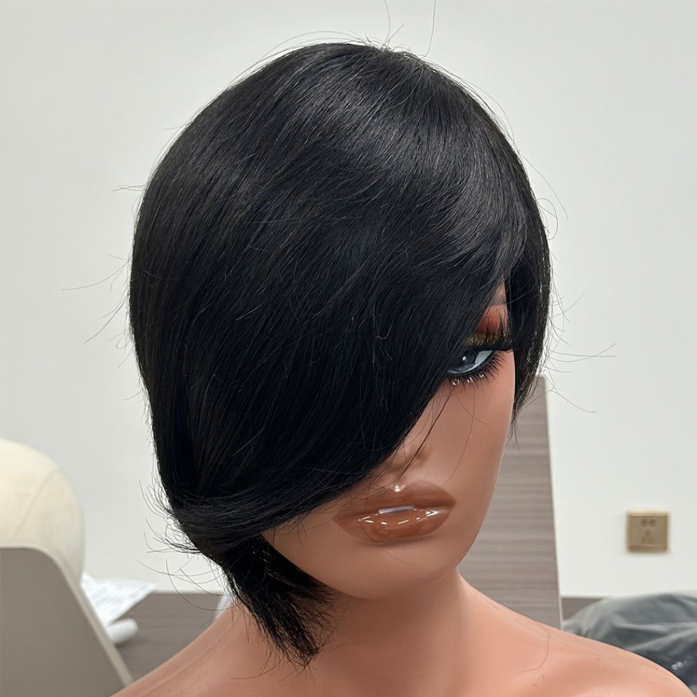 Pixie Cut Human Hair Wig with Bangs 8 Inch 200% Density Glueless | Side Part Layered Straight Rose Net Cap Throw On and Go | #1 #4 #99J Women Daily Party - product image 4