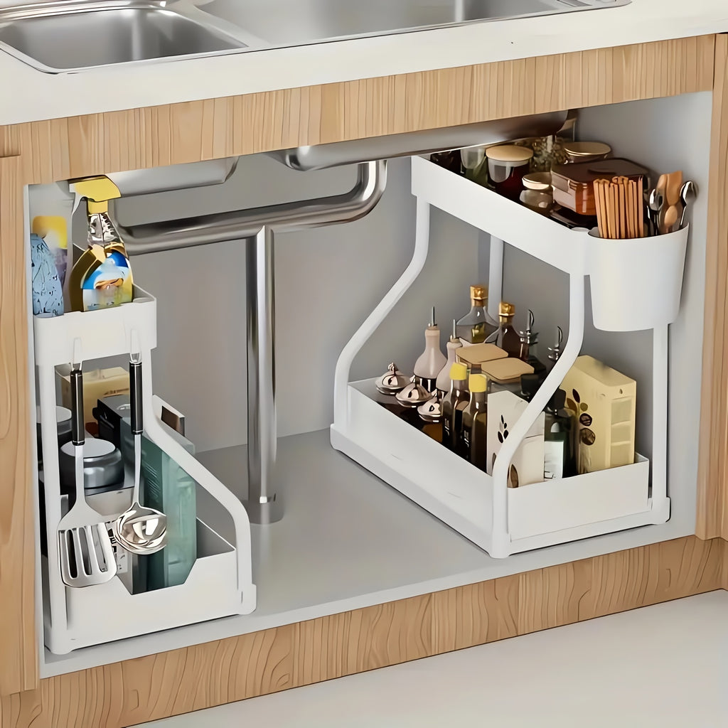 2pcs Under Sink Organizer with Sliding Shelves Multi-Purpose Black Plastic Storage Basket for Bathroom and Kitchen Cabinet Durable Construction Bathroom - product image 2