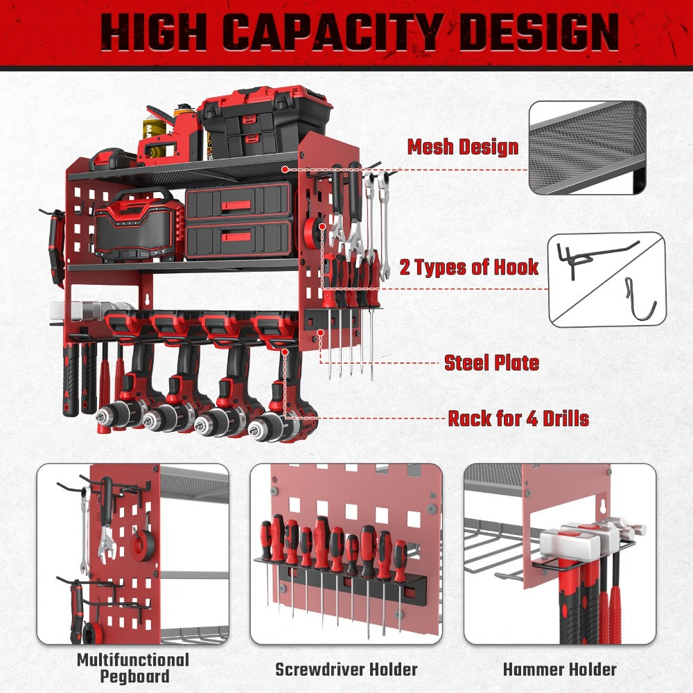 Power Drill Holder Wall Mount – Heavy Duty Tool Storage Rack with 3/4 Layer Floating Shelf | Cordless Drill Organizer | 4/6/8 Drill Holders Workshop Tool Rack for Garage & Workshop - product image 9