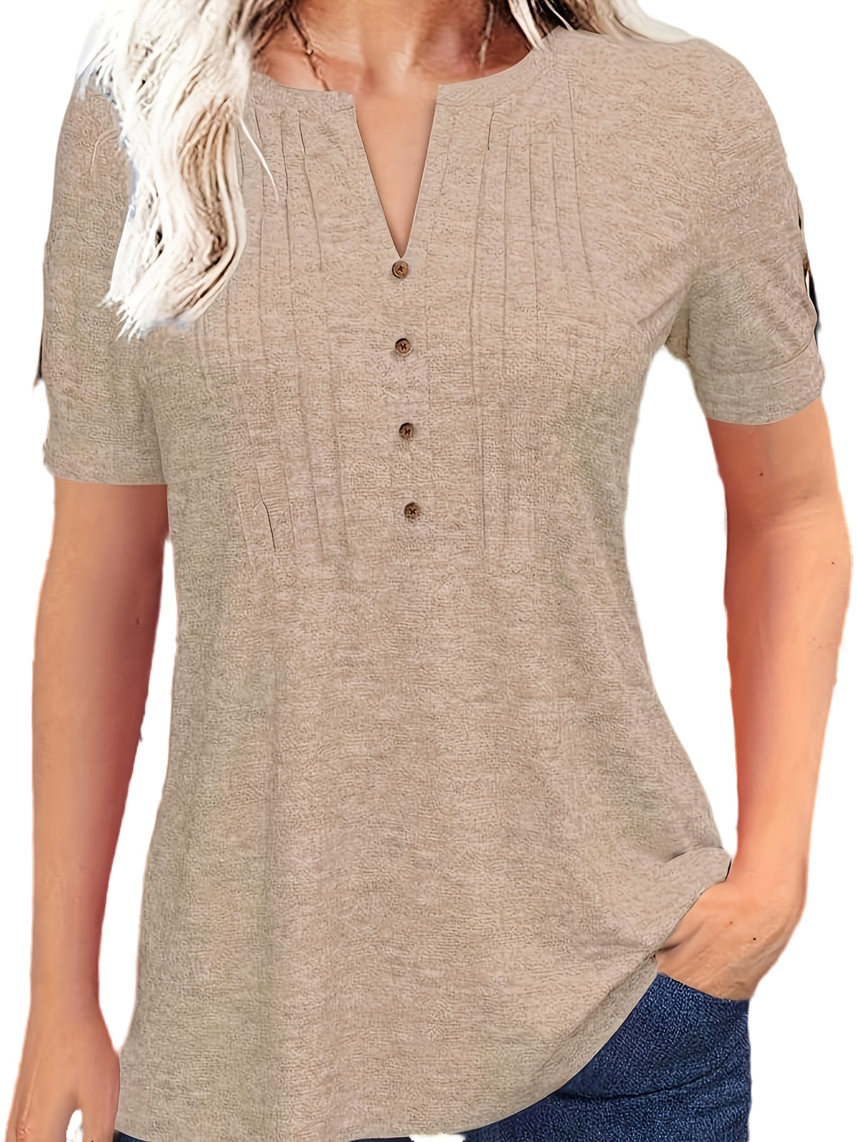 Casual Short-Sleeve T-Shirt for Women, Featuring a Pleated Design and V-Neck in Solid Colors, Perfect for Summer - product image 10