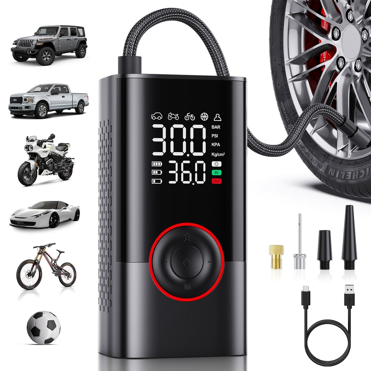 Portable Tire Inflator Air Compressor, Cordless Electric Bike Pump, Portable Tire Inflator with LCD Pressure Gauge and LED Light, Ideal for Cars, Bicycles - product image 3