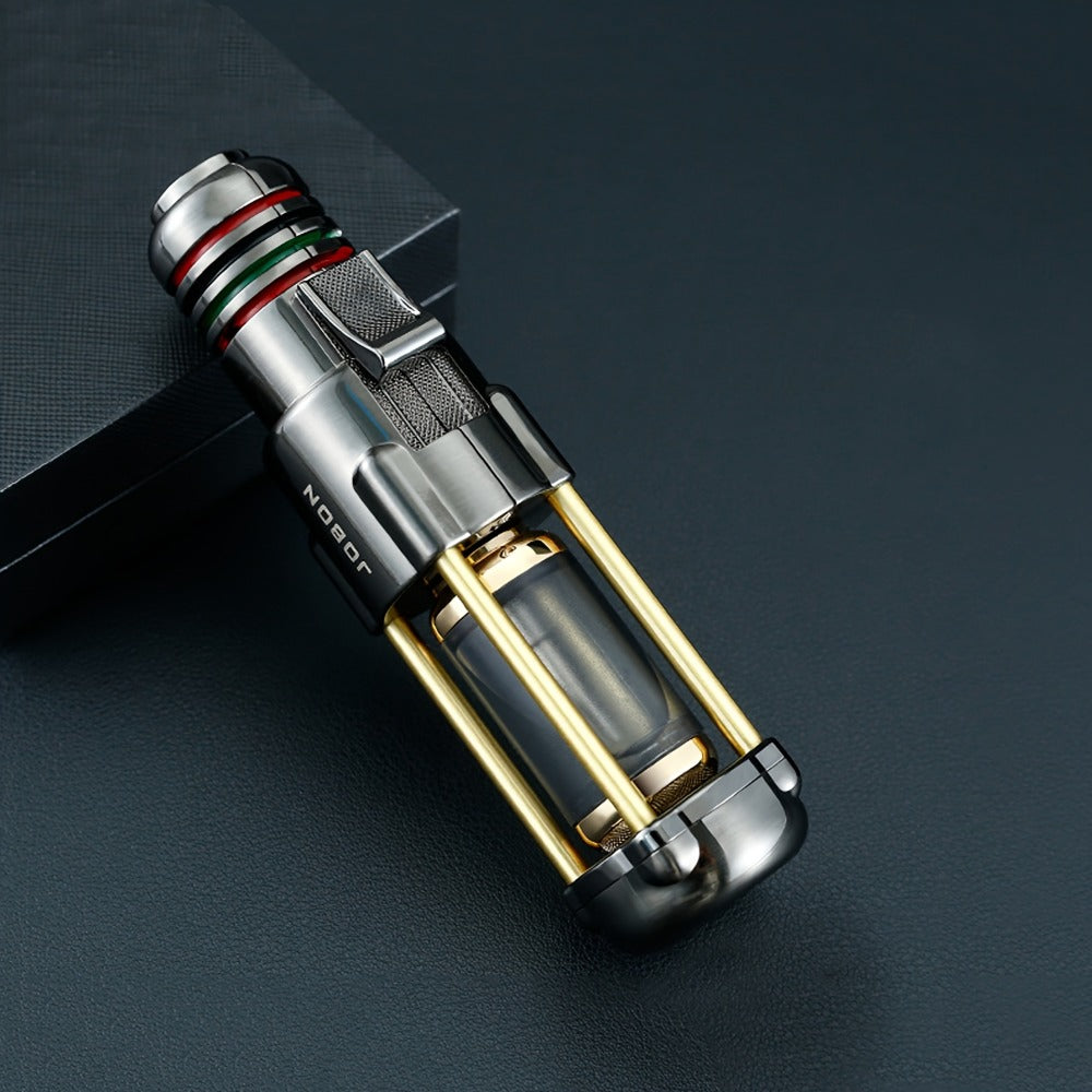Butane Torch Lighter Windproof Jet Flame Zinc Alloy Refillable – Visible Fuel Tank, Adjustable Blue Flame, Rocket Design for Camping, BBQ, Cigar & Outdoor Use, Grey & Golden (No Bu - product image 3