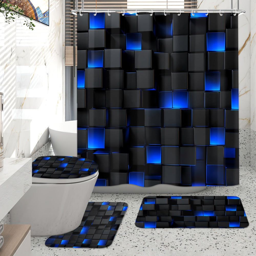 Shower Curtain Set with 12 Hooks & Toilet Seat Cover, 4-Piece Bathroom Set Dark Blue Geometric Abstract Cube Pattern, Modern Waterproof Bath Curtain Set for Bathroom Decor - product image 5