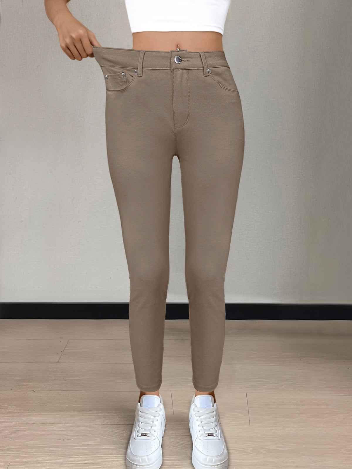 CY038 Full-Length Black High-Waist Skinny Jeans - Stretchy Fabric, Button Decor, Five Pockets, Long Style, Solid Color, Weekend Casual Streetwear - Ideal for - product image 3