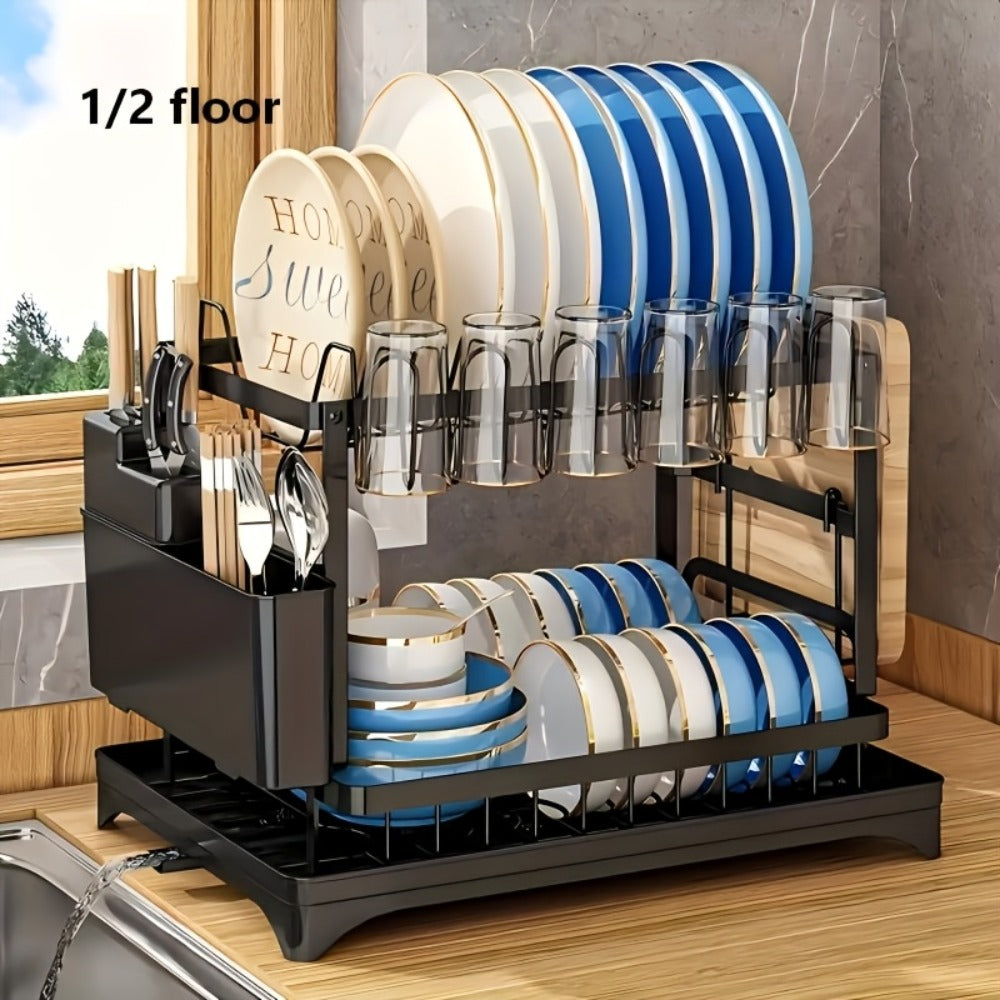 Dish Drying Rack 2 Tier with Drainboard for Kitchen Counter Metal Dish Drainer with Utensil Holder Cups Organizer Space Saving Kitchen Drying Rack Black White - product image