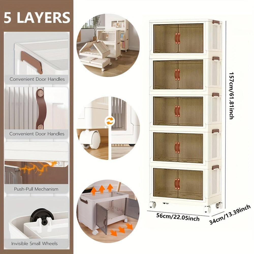 Plastic Storage Box with Wheels and Door Foldable - Large Capacity Rolling Storage Container with Layers for Bedroom, Kitchen, Living Room, Closet Organizer, 56CM Wide - product image 4
