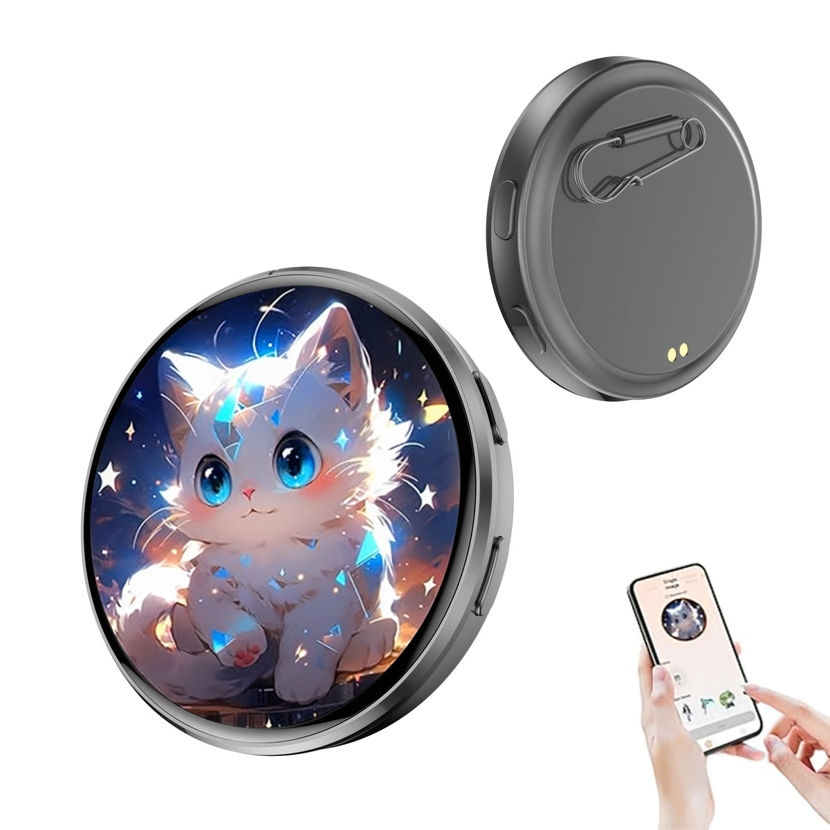 Electronic Anime Badge with Display Screen – Dynamic Touch, High Frame Rate, 600mAh Battery, Bluetooth 6.0 & USB Magnetic Charging – Black White Purple – Digital Brooch for Cosplay, Concerts & Anime Fans