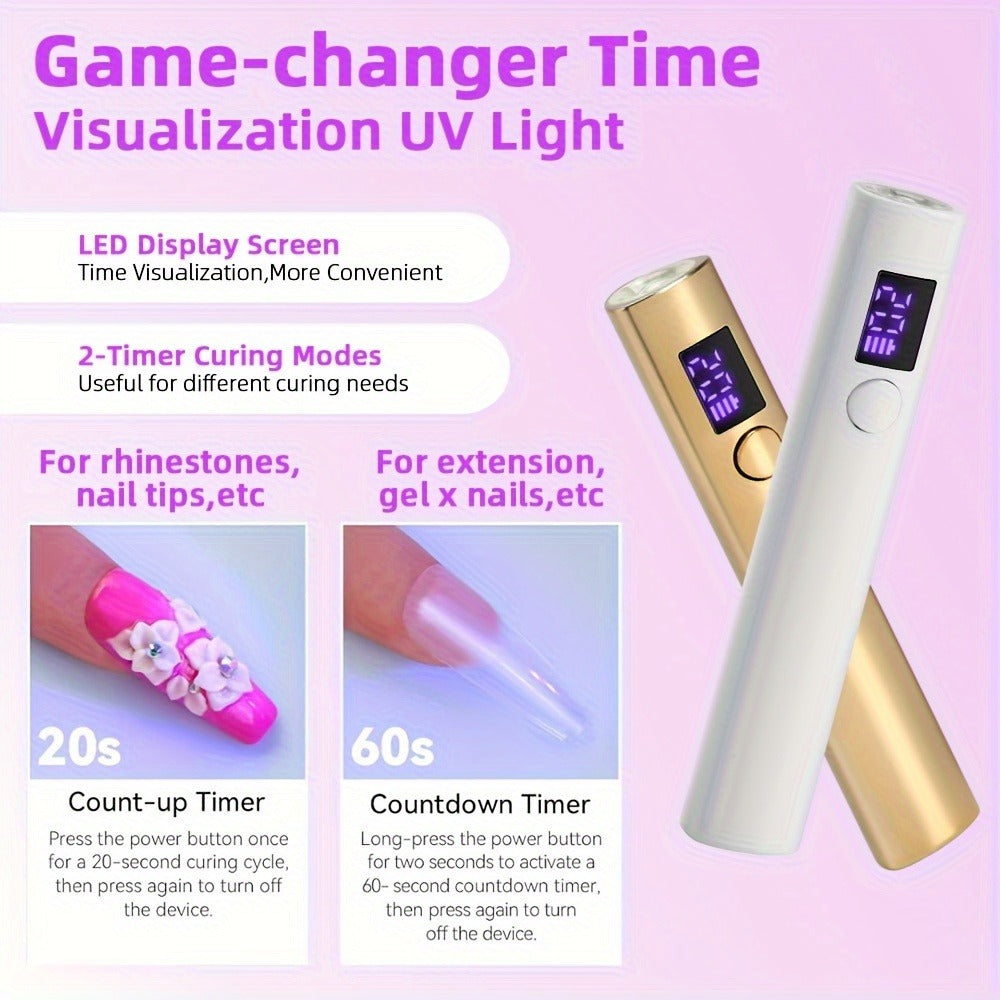 UV LED Nail Lamp Pen-Shape Cordless Rechargeable 365+405nm Gel Polish Curer – Portable Mini Nail Dryer with 2 Timer Modes 20s & 60s for Home Manicure & Nail Art, Gold White Pink - product image 2