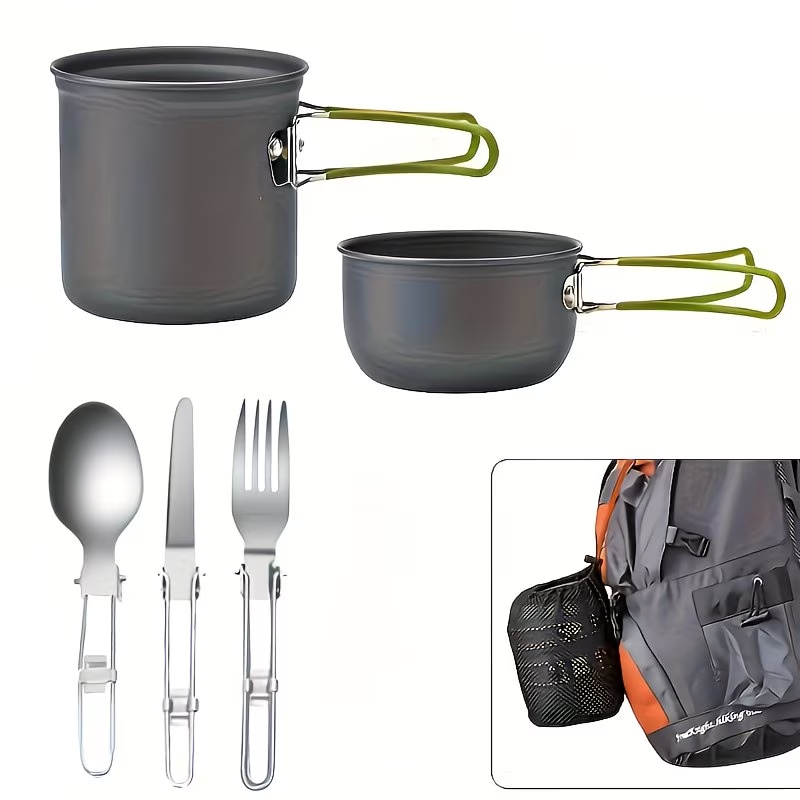Portable Camping Cookware Set with Double Pot & Utensils | Featherlight Open Fire Cooking Kit with Forks Knives Spoons, Compact Space-Saving Iron Cookware for Outdoor Camping Picnic Travel Adventures