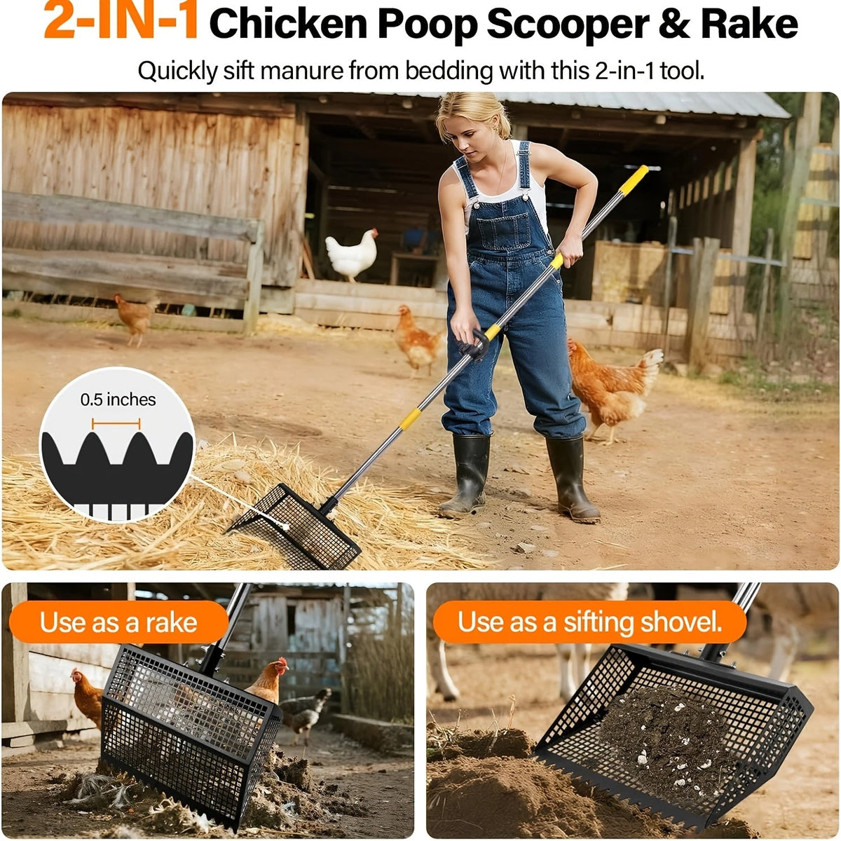 76" Stainless Steel Handle, Shatterproof Sand Sifting Shovel for Litter Box, Chicken Coop, Horse Stable & Barn Stall Cleaning, 13 Inch | Cat Litter Scooper - product image 4