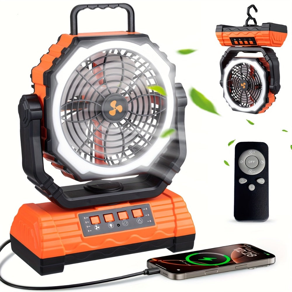 Camping Fan 20000mAh Battery Powered with 4 LED Lantern - Dual Motor 4-Speed Portable Outdoor Fan with Hook & Remote Control | Desktop Fan for Tent, Power Outage & Construction Sit - product image