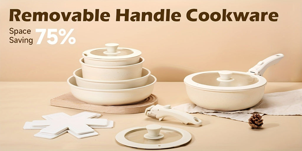 Detachable Handle Cookware Set 16 & 26 Piece Non-Stick PFOA-Free – Stackable Space-Saving Pots and Pans | Oven Safe 480°F Induction Compatible | RV Camping Kitchen Cooking Set in B - product image 16