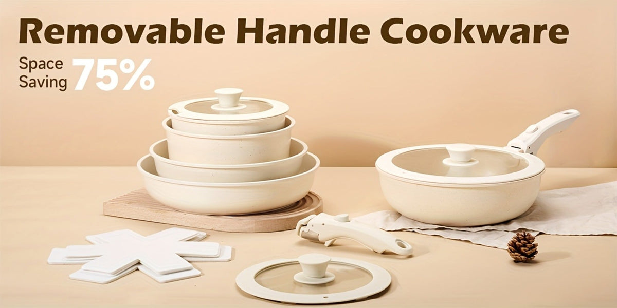 Detachable Handle Cookware Set 16 & 26 Piece Non-Stick PFOA-Free – Stackable Space-Saving Pots and Pans | Oven Safe 480°F Induction Compatible | RV Camping Kitchen Cooking Set in B - product image 16