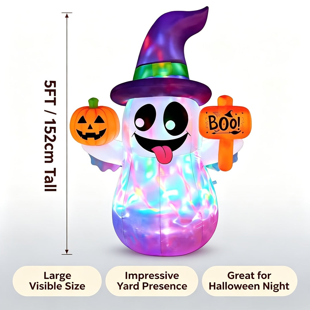 5 FT for halloween Inflatables Ghost Outdoor Decorations, Blow Up Cute Wizard Ghost With Pumpkin, Blow Up Yard Decoration With Rotating Colorful LED For - product image 5