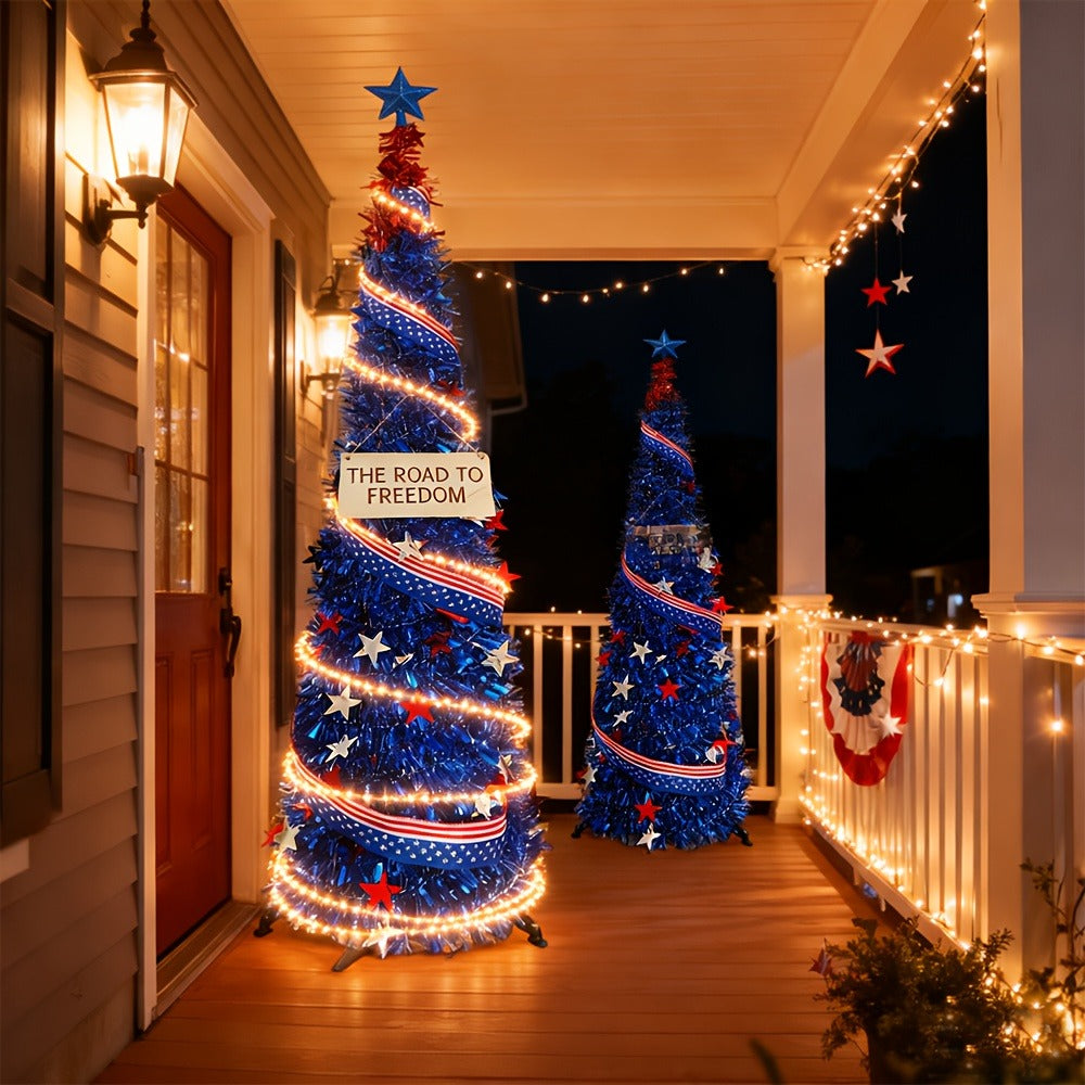 4th of July Decorative Tree 5ft LED Light, Foldable Patriotic Stars & Stripes Blue Christmas Tree with Red White Blue LED String Lights, Independence Day Party Decoration & Summer  - product image 2