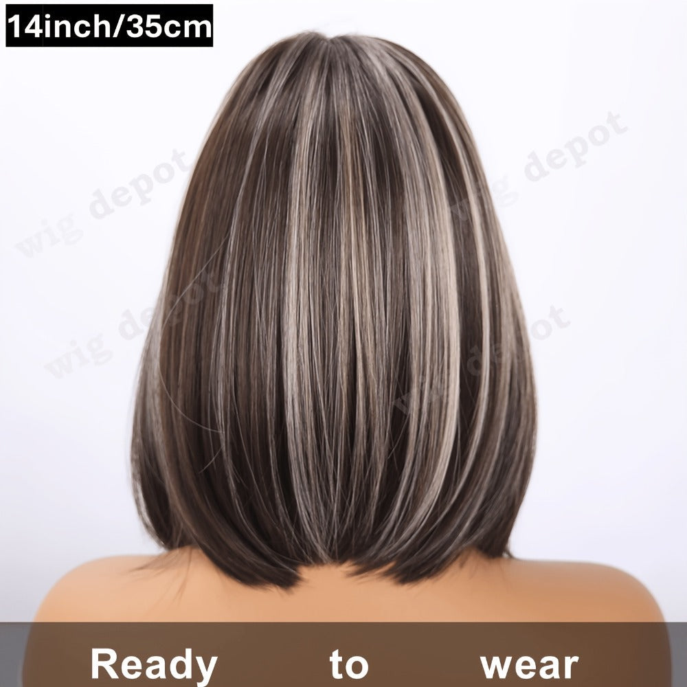 U Part Lace Front Bob Wig 4x1 Glueless Rose Net Cap Middle Part Natural Hairline Synthetic Wig for Women 14 Inch Brown Highlights Milky White Black Pink - product image 5