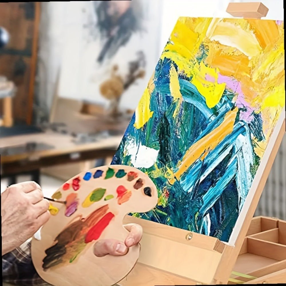 Plein Air Painting Set 14 Piece – Complete Outdoor Art Kit for Artists Adults Beginners – Carry-along Sketch Box with Adjustable Wooden Tabletop Easel Paint Canvas Tray 4 Brushes & Palette Knife