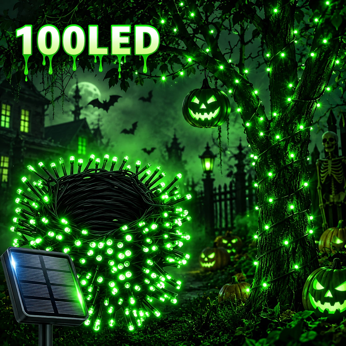 1 Pack of Solar Halloween String Lights, Spooky Vibe 39FT-100LED Fairy Lights in Orange And Purple for a Creepy Atmosphere, IP65 Outdoor Splash-Proof, Festive Hanging Lights Suitable for Christmas Yards, Gardens, And Camping Parties