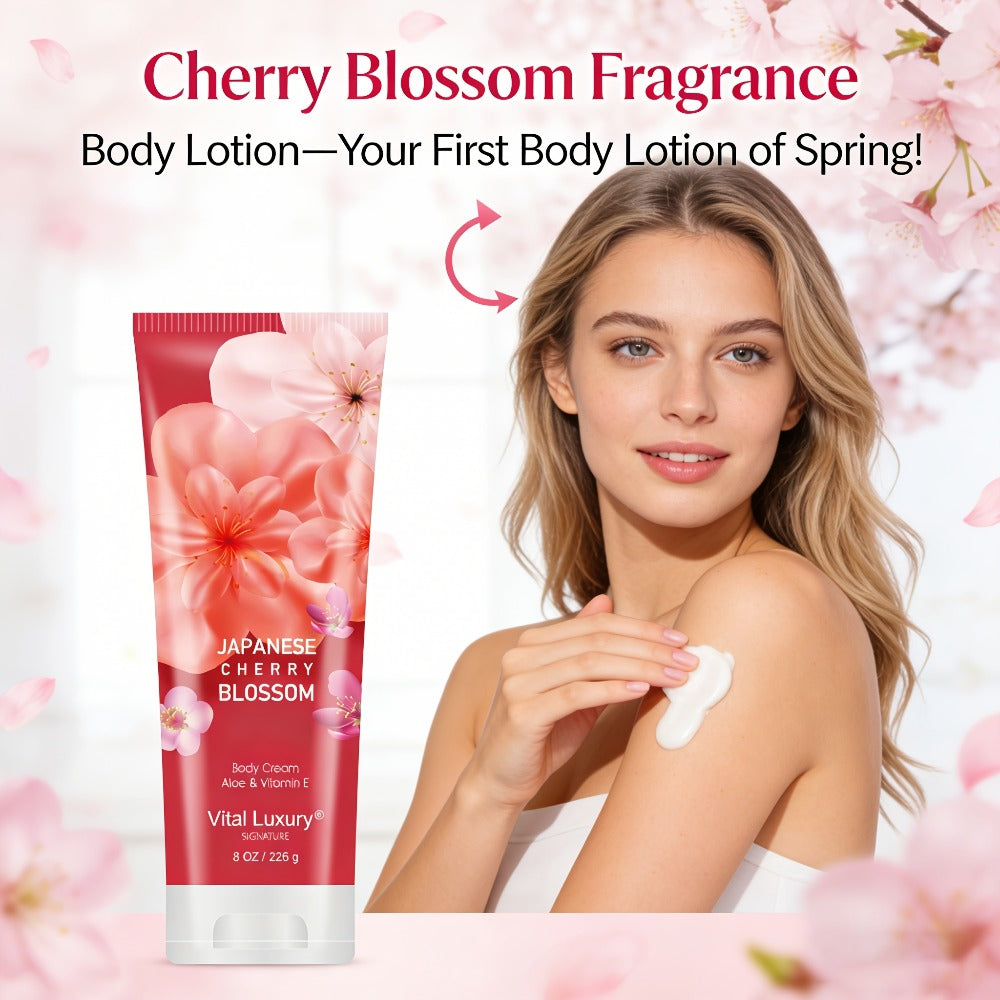 Cherry Blossom Body Lotion 8oz – Vitamin E & Glycerin Moisturizing Cream Non-Sticky 12-Hour Hydration Nourishing Day & Night Skin Care for All Skin Types Women - product image