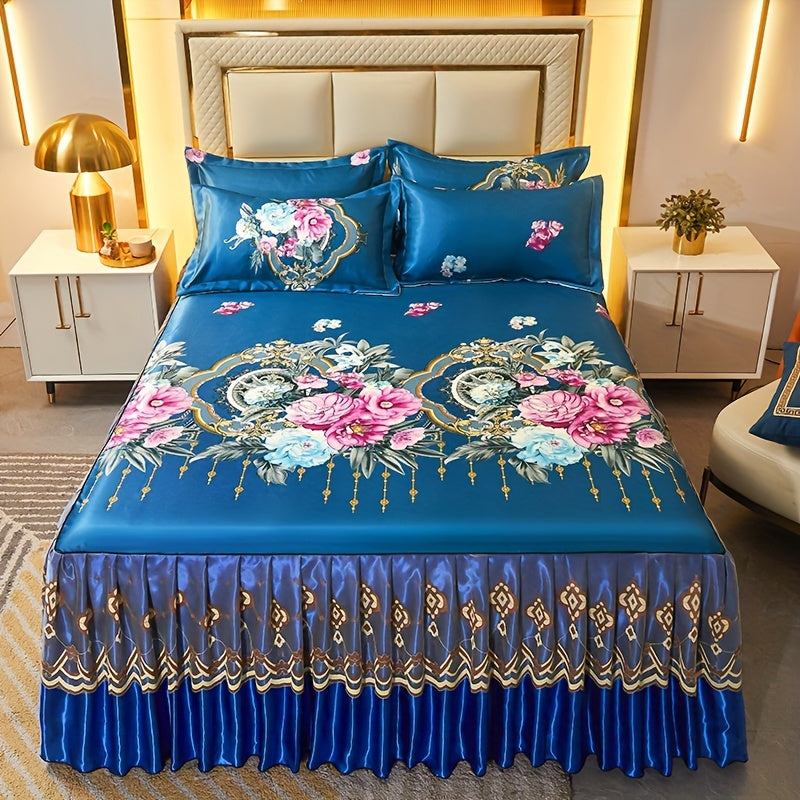 Floral Ruffle Bed Skirt Cool Mat 3 Piece Set with Pillowcase, Double Layer 360° Full Wrap Washable Cooling Mattress Cover, Breathable Summer Bedding Set for Twin Full Queen King, P - product image 38