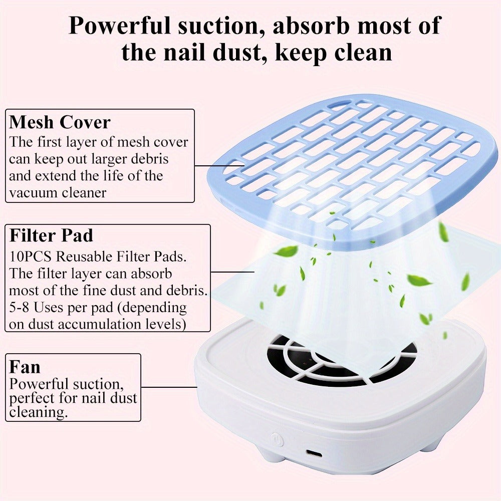 Nail Dust Collector Desktop USB Electric Nail Vacuum Fan Powerful Suction Powder Removal Machine with Filter for Manicure Nail Drill Salon Home Use White Pink Blue Purple - product image 8