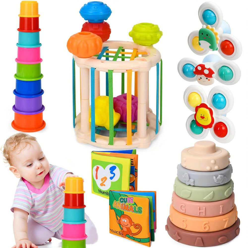 Hand-Eye Coordination & Fine Motor Skills Activity Kit with Soft Cloth Book, Spinning Top & Stacking Cups, Birthday Easter Baby Shower Gift – Sensory Stacking Toy Set 3-in-1 for Toddlers & Babies