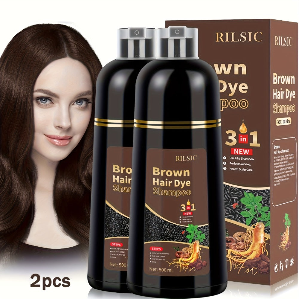 Grey Hair Coverage Shampoo 2 Pack 3-in-1 Herbal Hair Dye Kit with Plant-Based Squalane Colors in Minutes Includes Gloves Earmuffs Headgear Shawl Black Dark Brown Chestnut 500ml Eac - product image