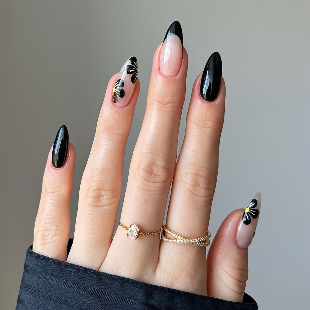 Short Almond Press On Nails 144 Pieces with Glue Pink Flower Rhinestone Black French Tip Full Cover Fake Nails Cute Nail Art Kit for Women Girls Daily Wear Party Wedding Date Night - product image 9