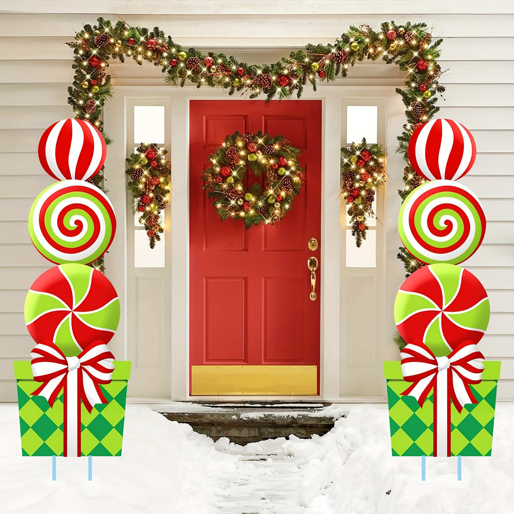 2D Flat, [2D Flat] [2D Flat] Christmas Peppermint Candy Lawn Stake Set of 2, Giant Swirl Lollipop Yard Cutout, Festive Outdoor Front Garden Christmas - product image 2