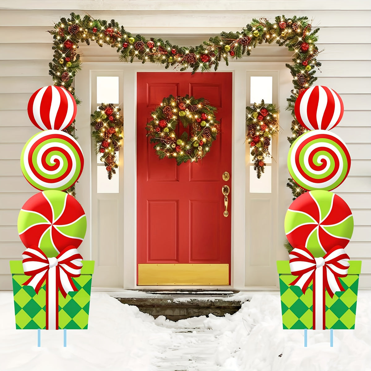 2D Flat, [2D Flat] [2D Flat] Christmas Peppermint Candy Lawn Stake Set of 2, Giant Swirl Lollipop Yard Cutout, Festive Outdoor Front Garden Christmas - product image 2