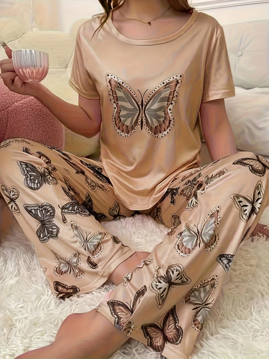 2pcs Women's Pajama Set With Butterfly Pattern Top and Pants - product image 2